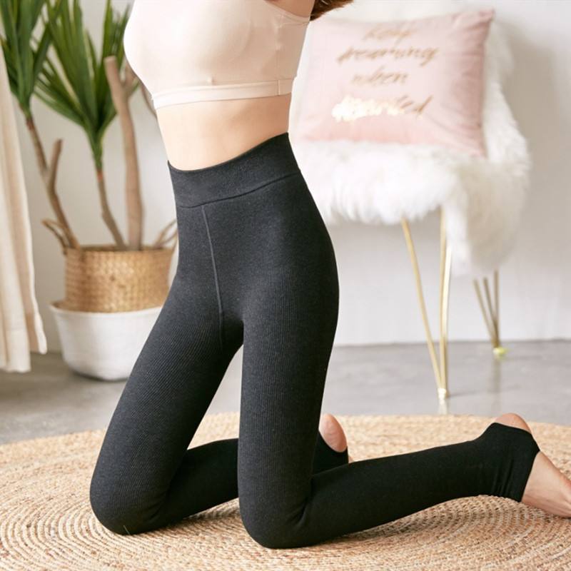 320g thin bear vertical stripes thick and fleece leggings for women wear autumn and winter warm butt lift foot tights