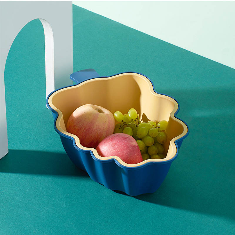 Plastic household draining basin, kitchen fruit and vegetable storage basket, leaf-shaped two-color water filter basin, fashionable double-layer draining basket Specification image