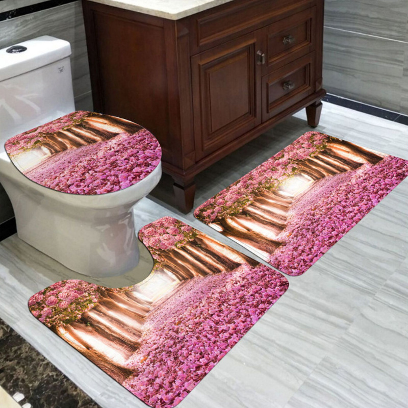厂家直销 现代简约EVA发泡高清印花马桶三件套 机器织造花朵地毯