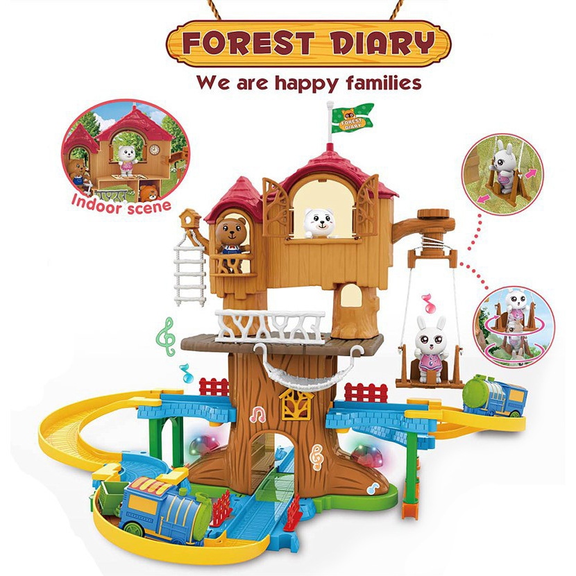 Children's house play toys, tree house track set, multi-storey house scene construction, boys and girls' fun little paradise full figure