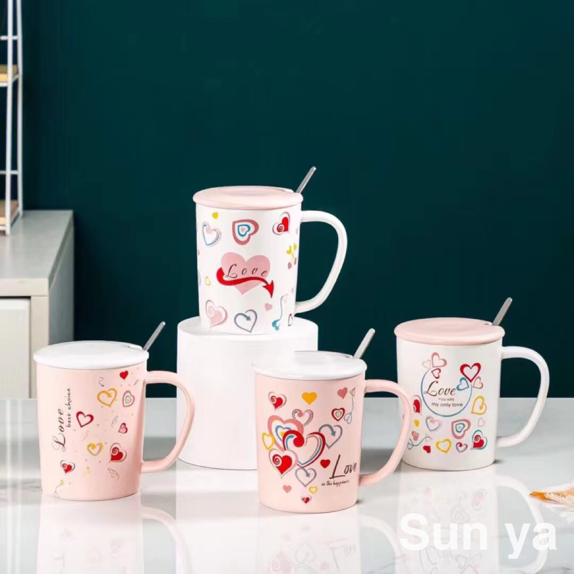 Hot selling ceramic mug lovers love mug with lid and spoon coffee mug