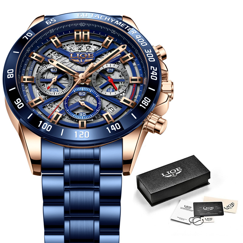 LIGE 8944 New steel band six-hand skeleton fashionable, individual and trendy gift watch for men