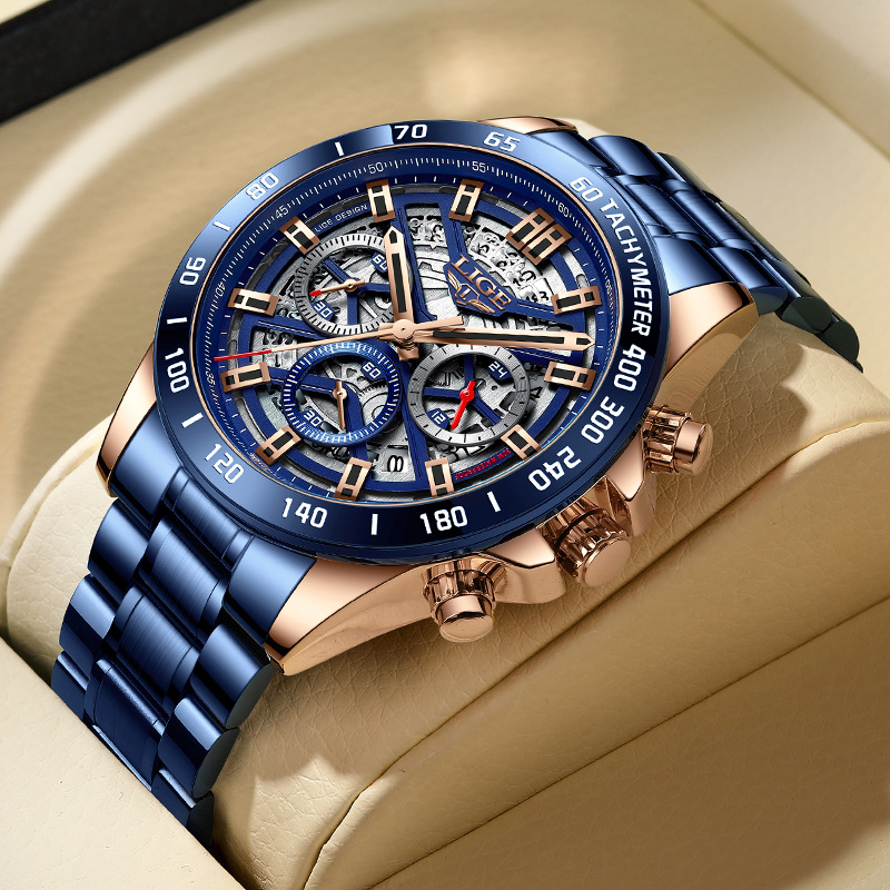 LIGE 8944 New steel band six-hand skeleton fashionable, individual and trendy gift watch for men details Picture