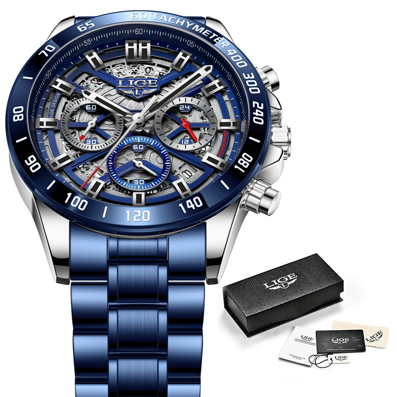 LIGE 8944 New steel band six-hand skeleton fashionable, individual and trendy gift watch for men Item Picture