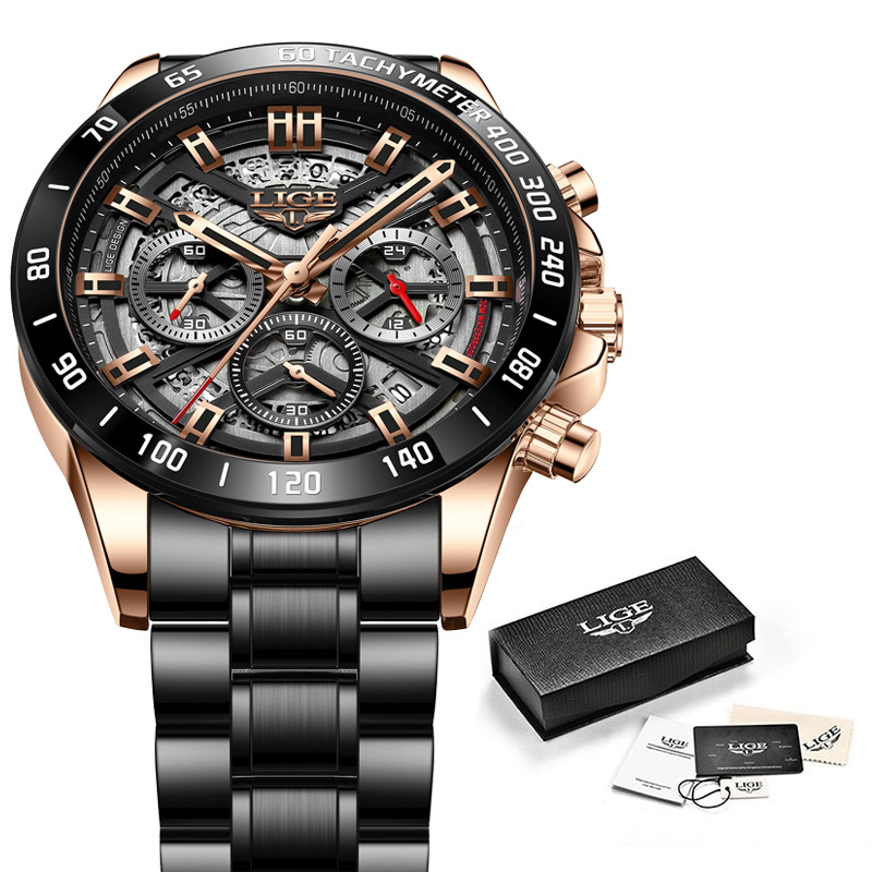 LIGE 8944 New steel band six-hand skeleton fashionable, individual and trendy gift watch for men Specification image