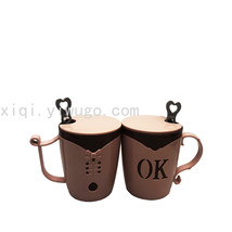 高级带柄双色OK盖杯领结带盖下午茶杯带勺子塑料咖啡杯RS-201562