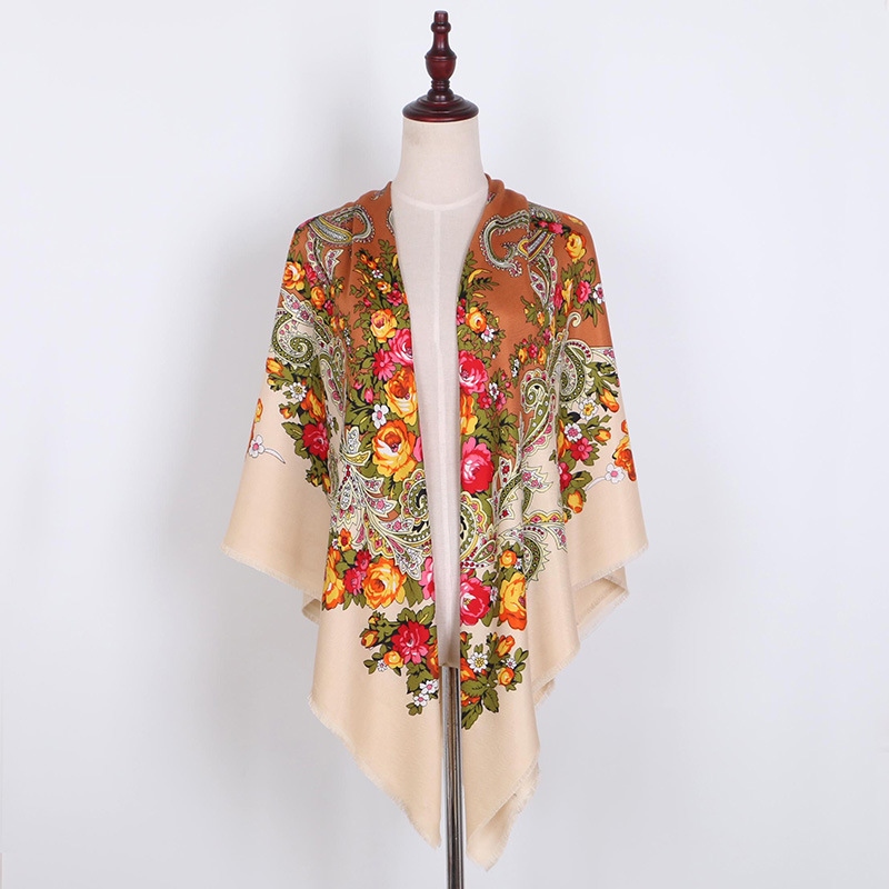 Xinjiang Wind Twill Cotton Open Beard Large Square Shawl Winter Warm Ethnic Wind Printed Scarf Item Picture
