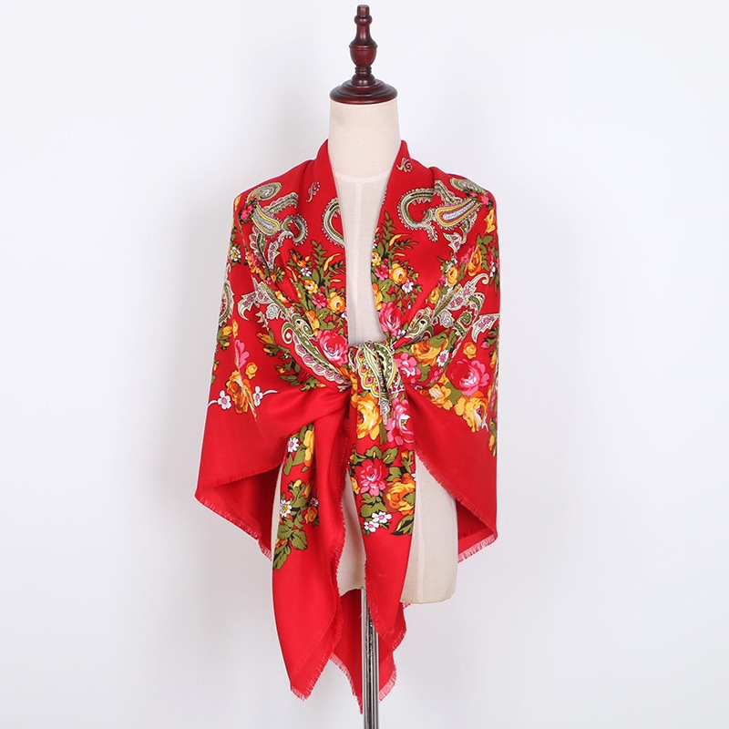 Xinjiang Wind Twill Cotton Open Beard Large Square Shawl Winter Warm Ethnic Wind Printed Scarf details Picture