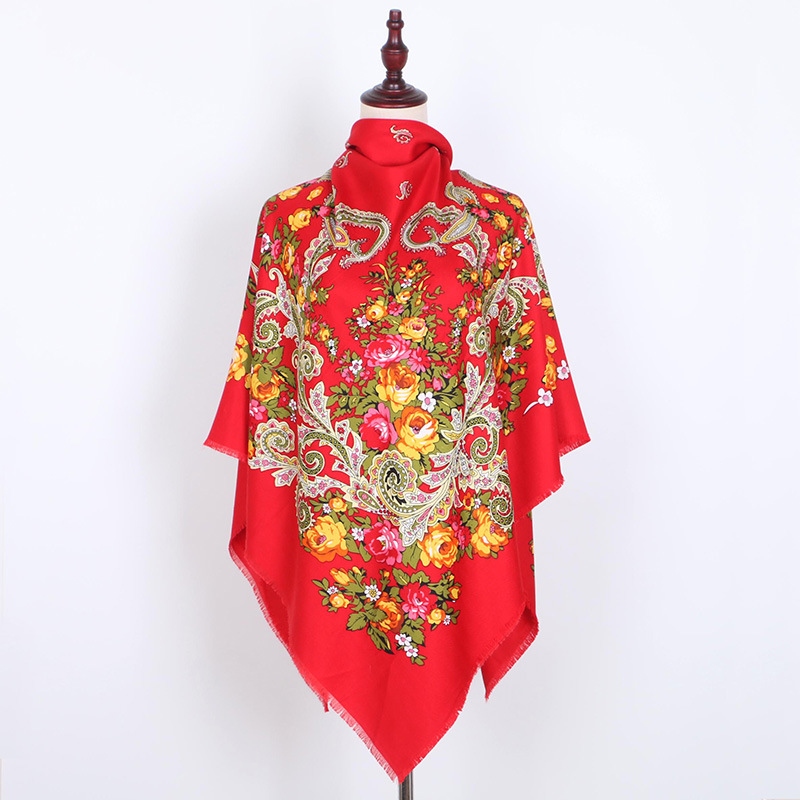 Xinjiang Wind Twill Cotton Open Beard Large Square Shawl Winter Warm Ethnic Wind Printed Scarf