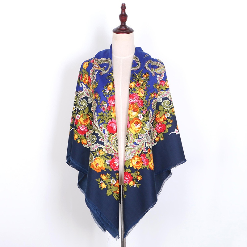 Xinjiang Wind Twill Cotton Open Beard Large Square Shawl Winter Warm Ethnic Wind Printed Scarf Specification drawing