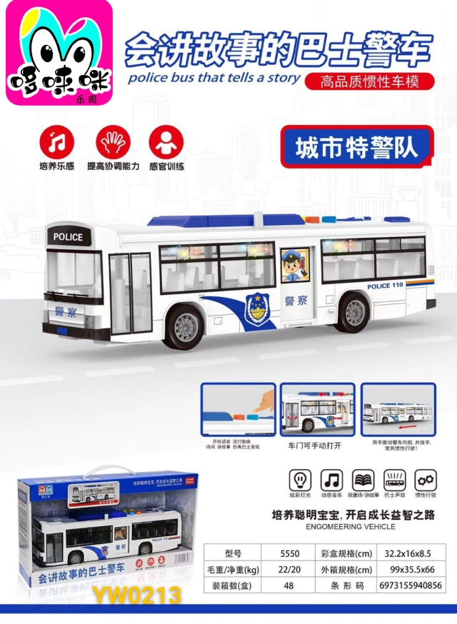 Jiazhi 5550 police car toy, inertia, door-opening, lighting, sound effect, story-telling bus police car mixed wholesale Item Picture