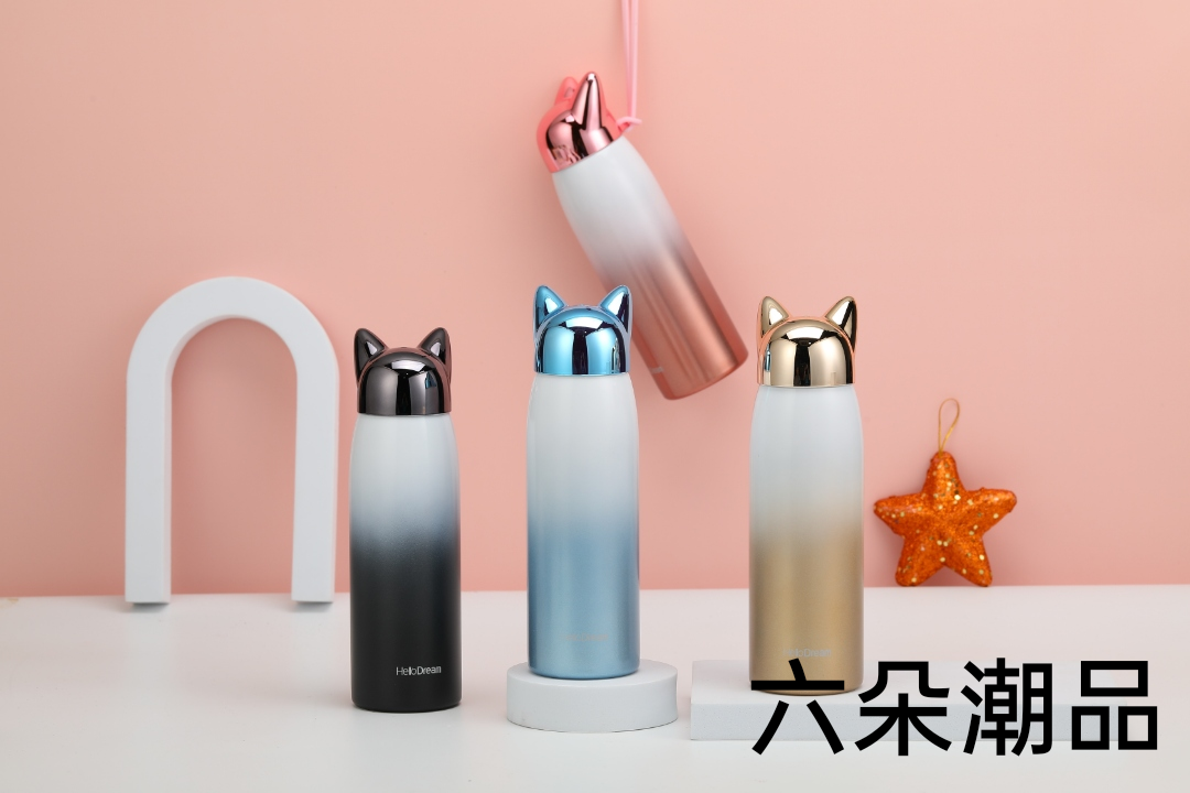 六朵无名渐变色创意潮流时尚电镀狐狸头保温杯304不锈钢水杯子