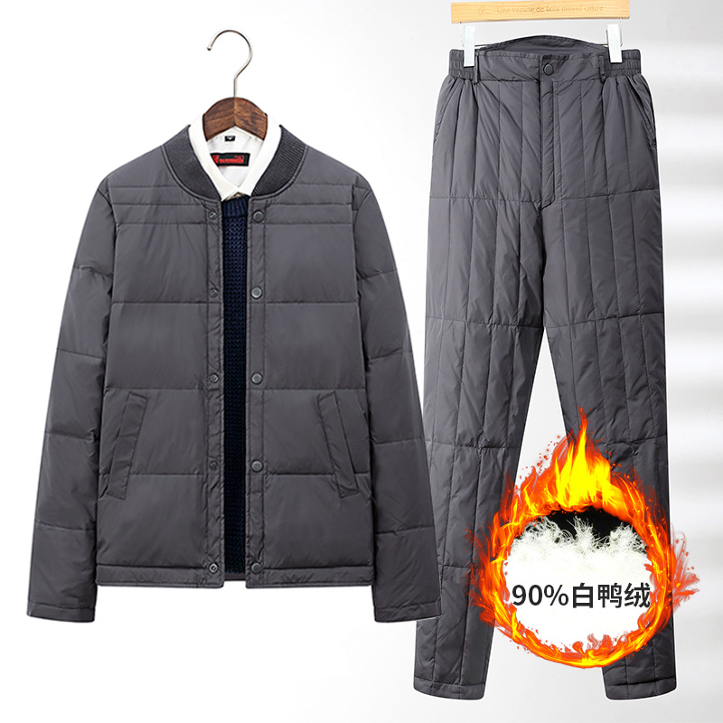 Down jacket inner liner set for middle-aged and elderly people. Grandpa keeps warm and thickened. Dad wears a cotton-padded jacket and white duck down down pants details Picture
