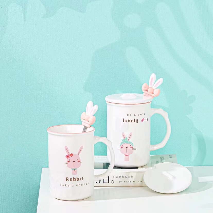 Hot selling cartoon Bunny mug mug with lid and spoon Creative mug