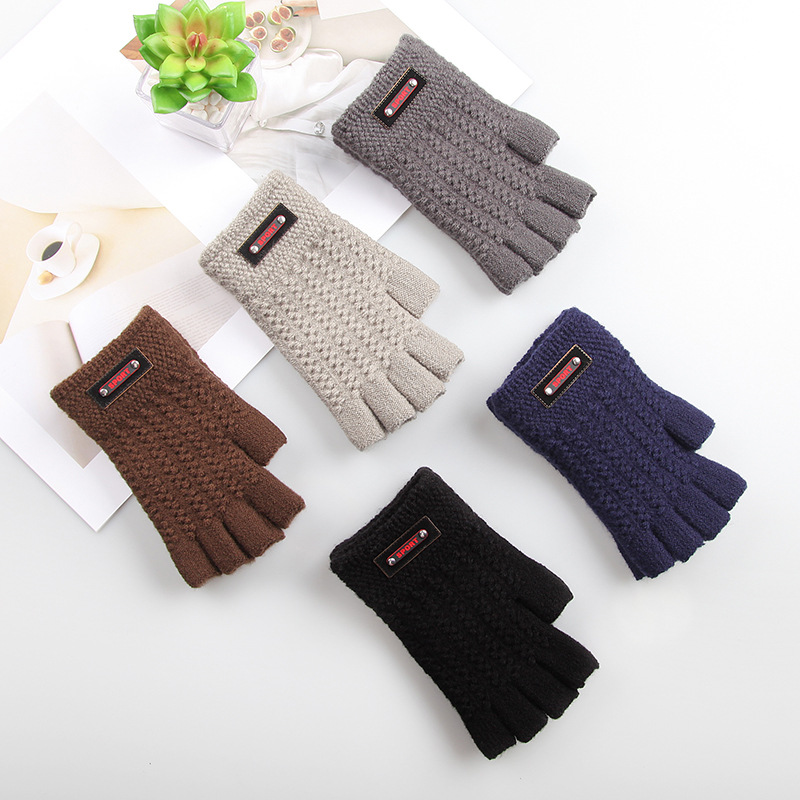Winter New Adult Men's Solid Color Label Half Finger Knitted Warm Gloves Fashion Half Student Writing Bare Fingers