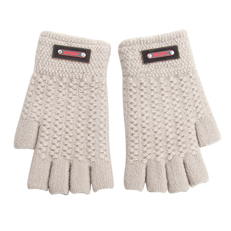 Winter New Adult Men's Solid Color Label Half Finger Knitted Warm Gloves Fashion Half Student Writing Bare Fingers Item Picture