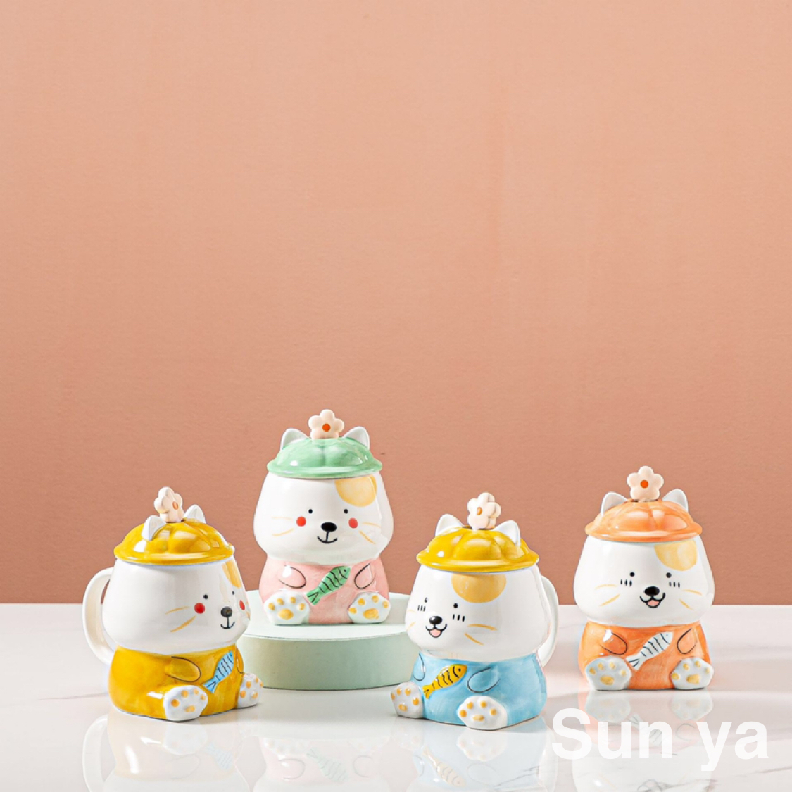 Korean cartoon ceramic cup hand-painted cat large capacity water mug creative mug