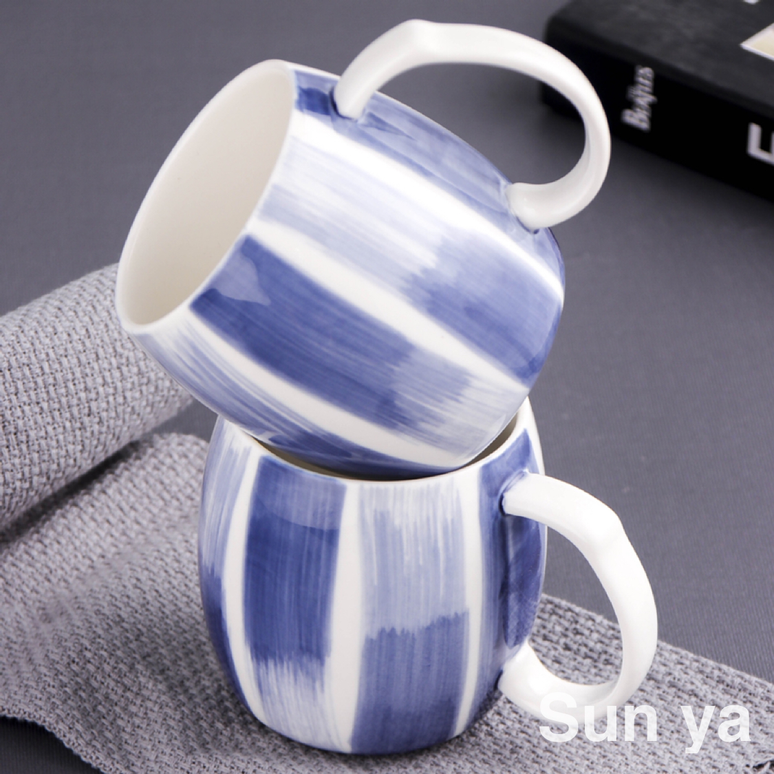 日式风格手绘陶瓷杯蓝色马克杯大肚杯简约水杯