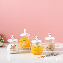 Hot cartoon Rabbit Pyrex glass Clear flower tea mug with lid and spoon Mobile phone stand mug