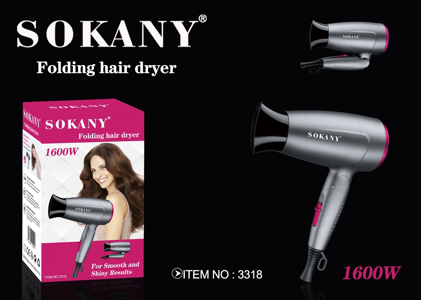 Cross-border SOKANY3318 hair dryer for home, dormitory, hotel, travel, portable, foldable, negative ion, European standard for foreign trade details Picture