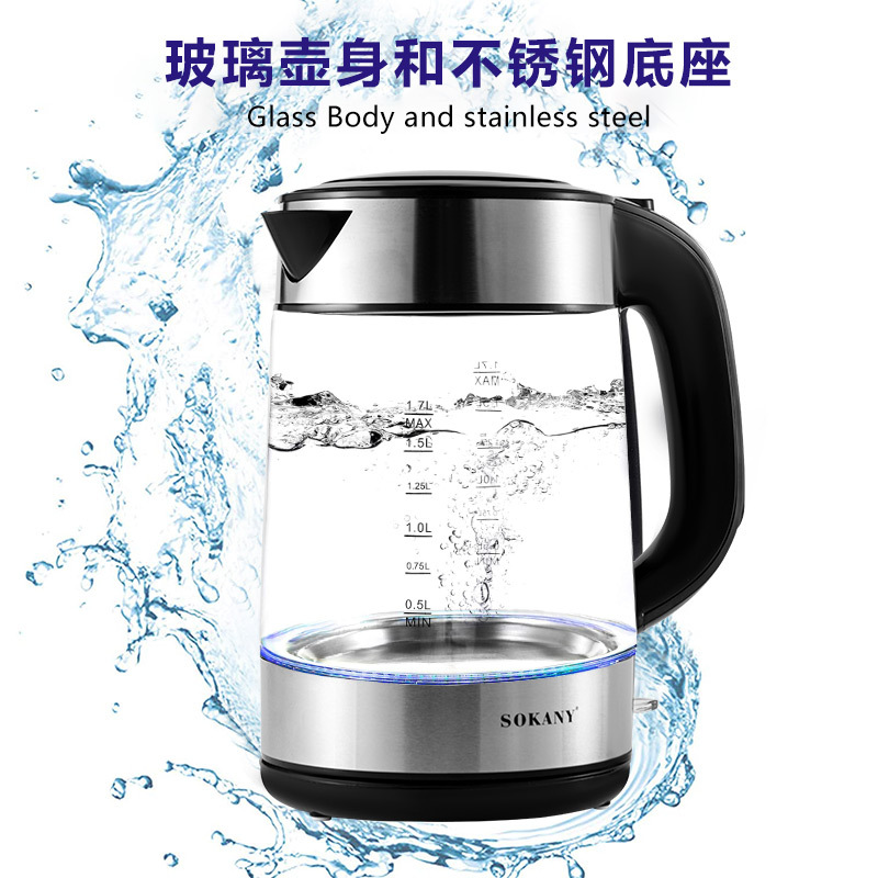 Cross-border SOKANY1509 electric kettle, household boiling kettle with automatic power-off, 304 stainless steel glass details Picture