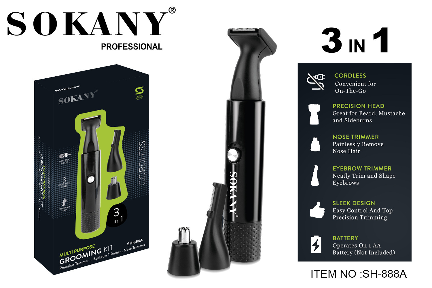 Cross-border SOKANY888A hair clipper: Hair shaving, power generation, electric clipper, nose hair trimming, eyebrow trimming, three-in-one