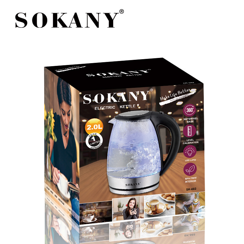 跨境SOKANY602电热水壶家用烧办公室玻璃透明蓝光烧开水自动断电