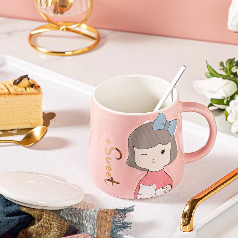 Creative cartoon girl mug mug with lid and spoon cute mug