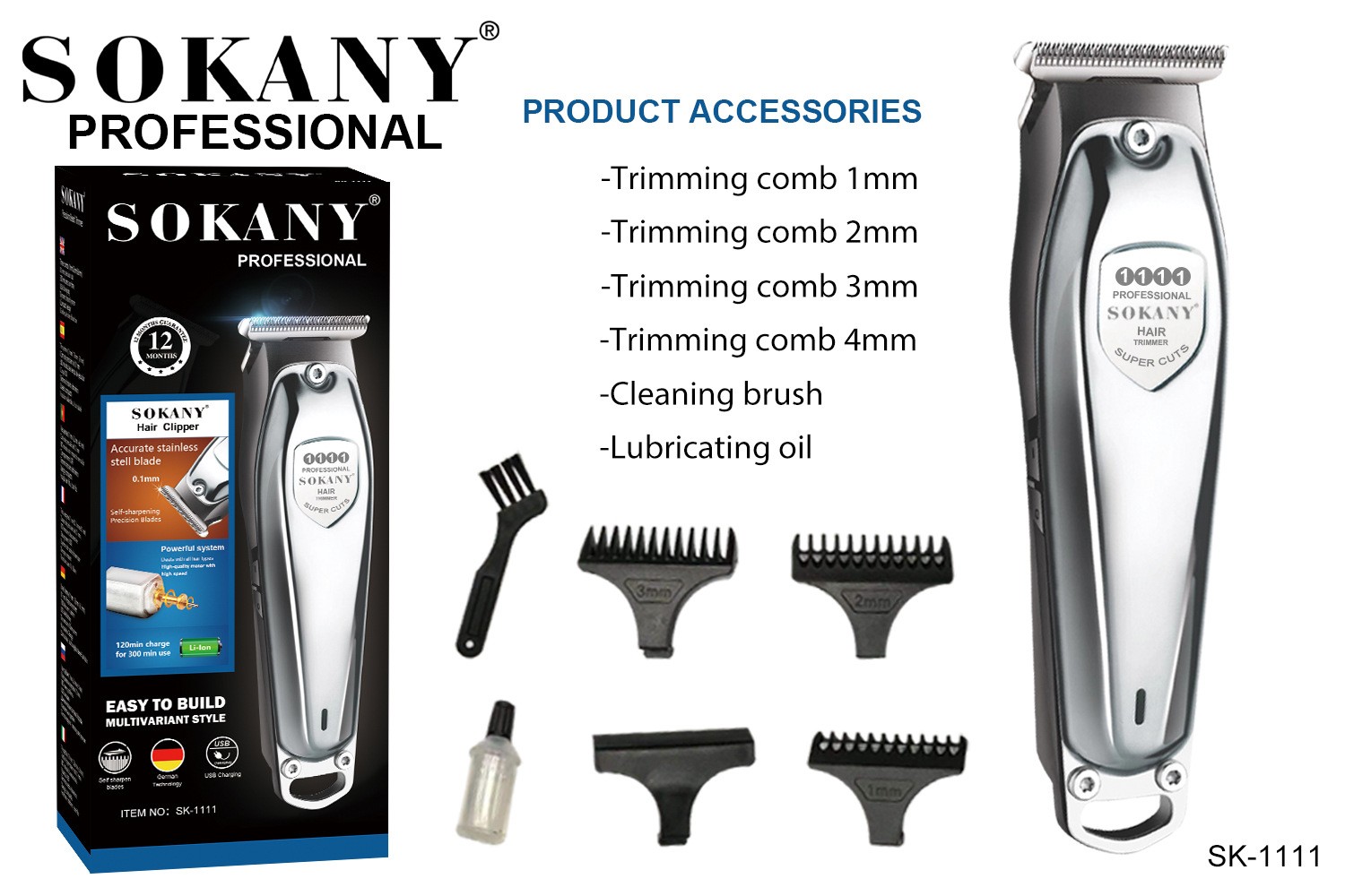 Cross-border SOKANY 1111 Hair clippers, stainless steel blades, metal electric hair clippers, Amazon AliExpress