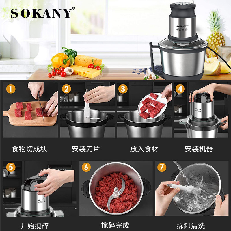 跨境SOKANY7028小型绞肉机家用自动碎肉切菜机厨房电动料理绞馅机详情图3