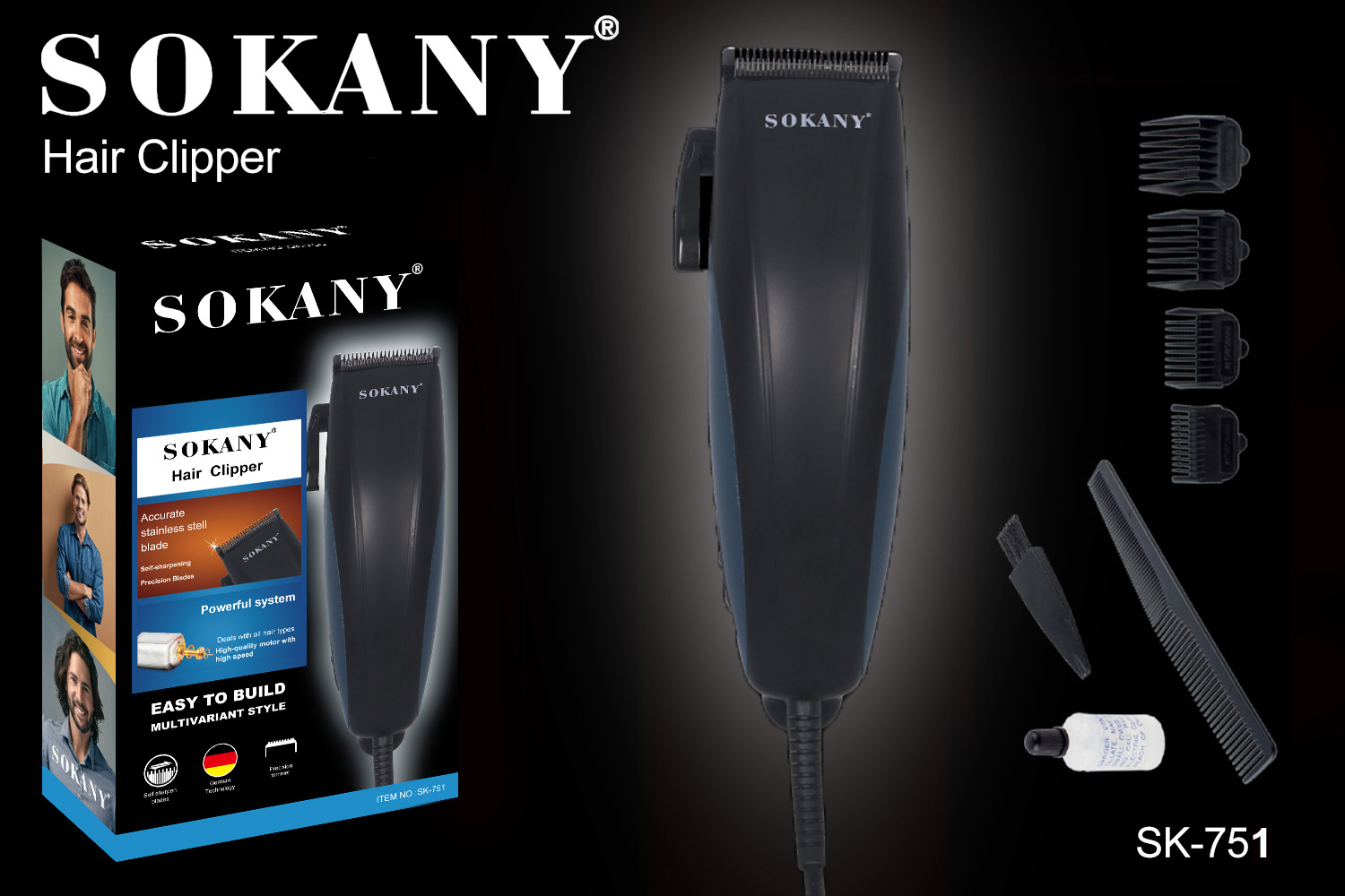 Cross-border SOKANY751 hair clipper, stainless steel blade, non-stuck hair, men's household, foreign trade bestseller