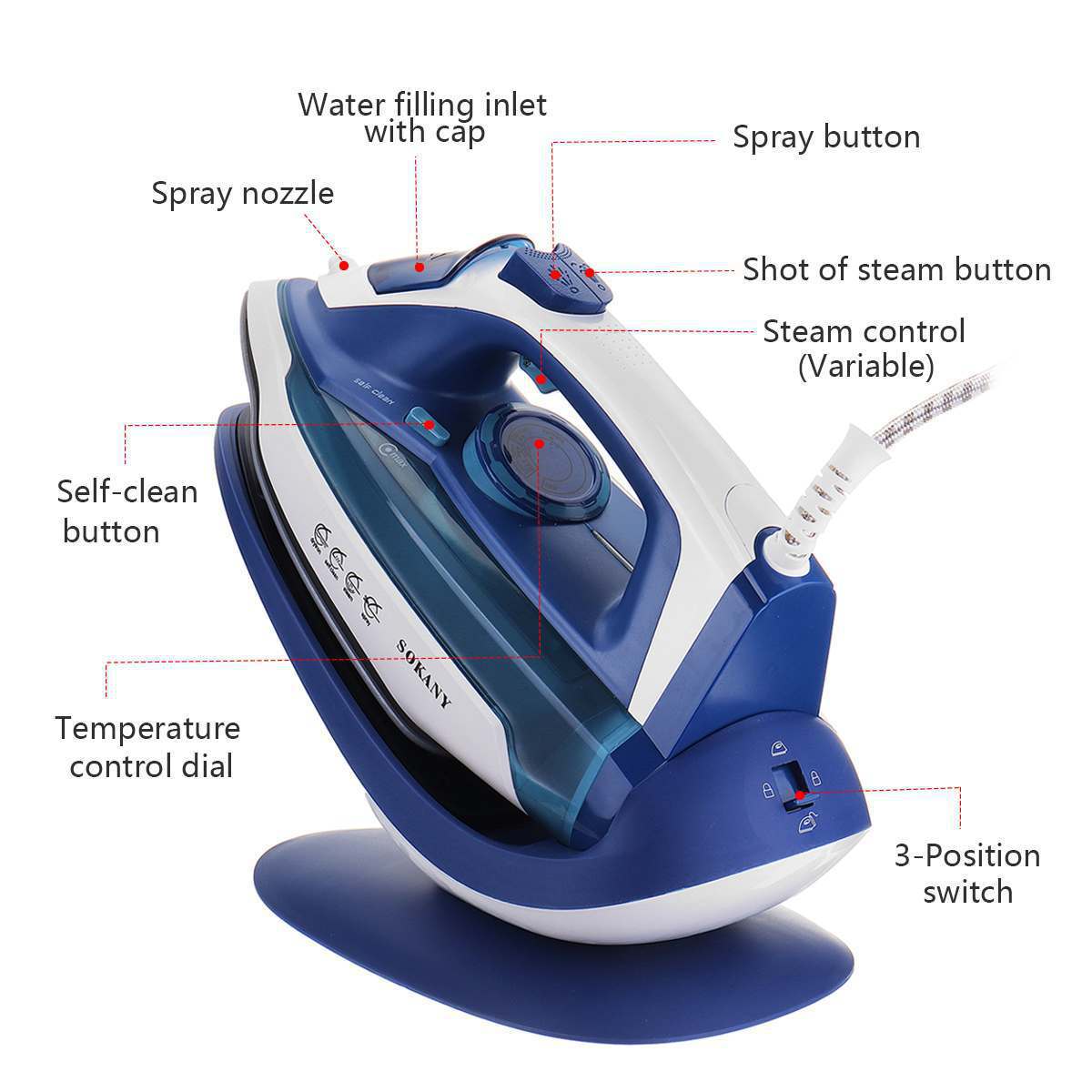 Cross-border new SOKANY2055A handheld household high-power electric iron and steam iron with base, European standard Item Picture