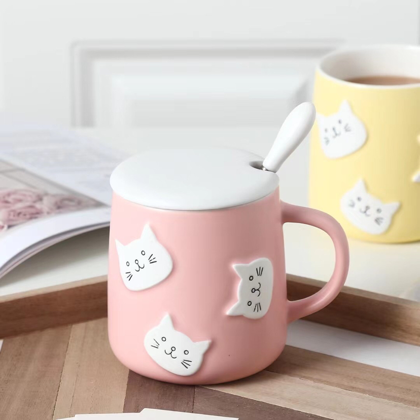 Creative three-dimensional cat head ceramic cup with lid and spoon mug cartoon water mug