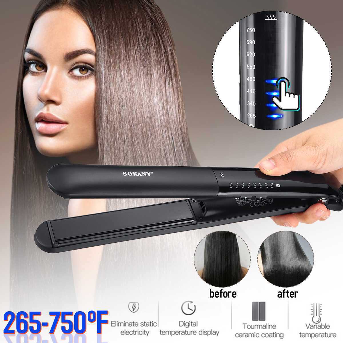 Crossover SOKANY991 tablilla alisador de pelo profesional deslizamiento de temperatura pantalla táctil de cerámica base extendida anti-escaldadura Specification image