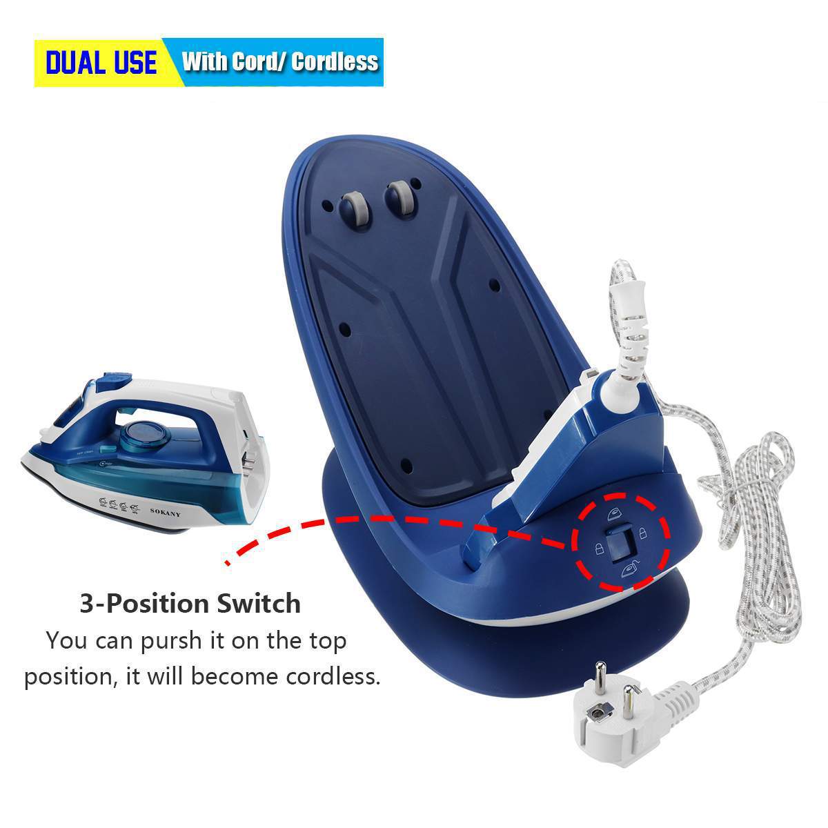Cross-border new SOKANY2055A handheld household high-power electric iron and steam iron with base, European standard Application Scenario