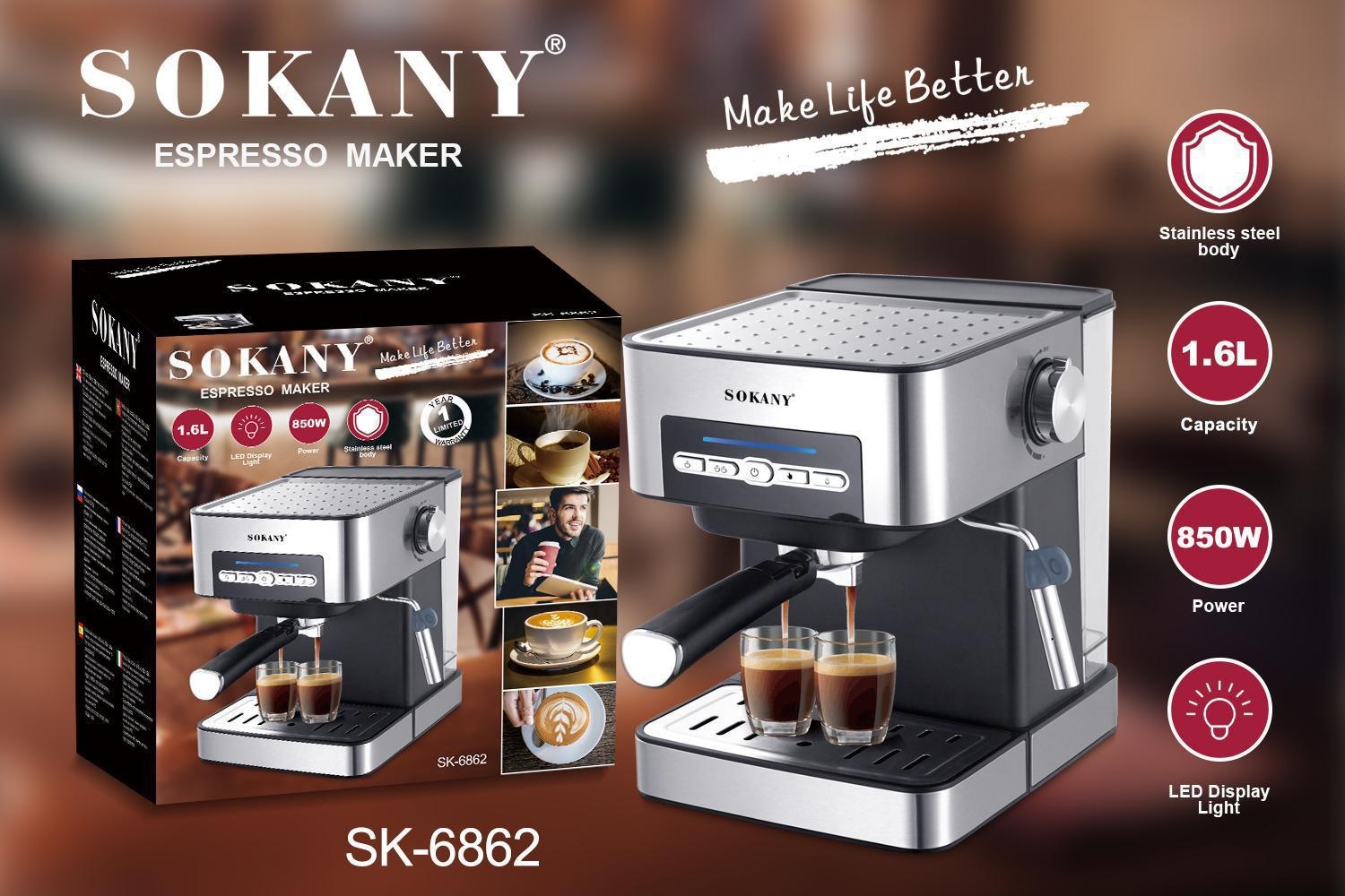 【 Cross-border 】SOKANY6862 Italian Coffee Machine, Home and office small espresso machine, all-in-one coffee machine