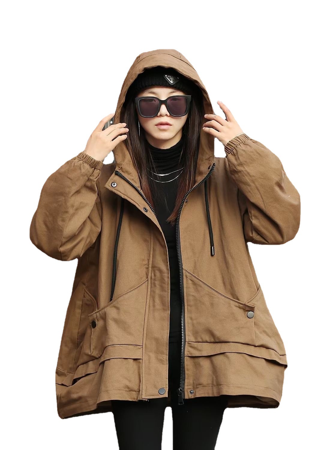 This premium Korean-style fleece rabbit fur lining style overcomes the trend of thick, hooded short trench coats in solid colors for winter warmth Item Picture