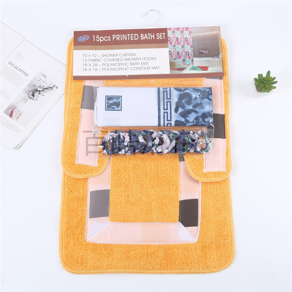 Non-slip absorbent carpet mat set for bathroom with non-punch printed shower curtain with hook