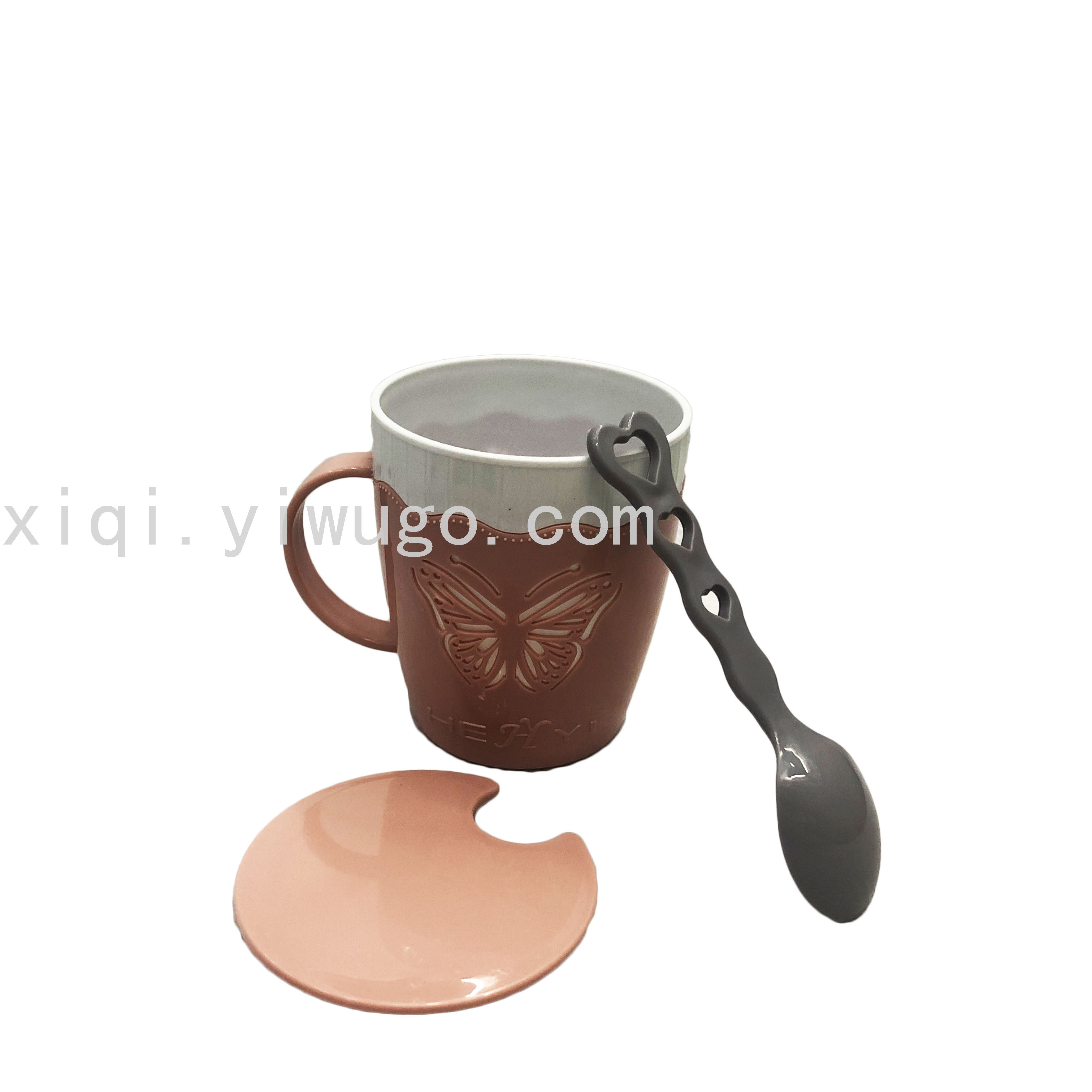 高级带柄双层OK盖杯蝴蝶带盖下午茶杯带勺子塑料咖啡杯RS-201561详情图5