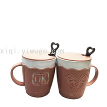高级带柄双层OK盖杯蝴蝶带盖下午茶杯带勺子塑料咖啡杯RS-201561