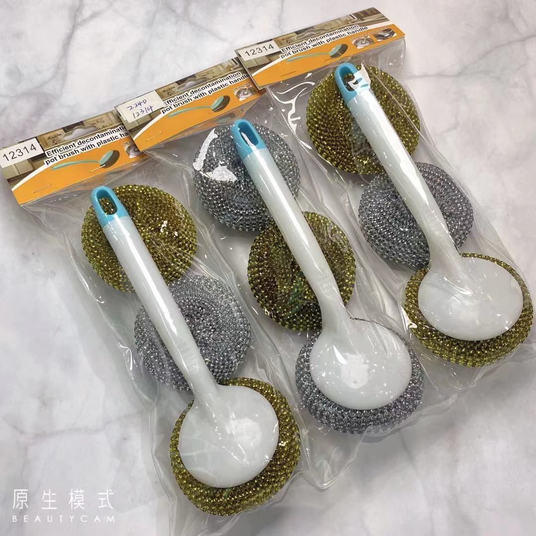 Plastic bowl brush, long-handled pot brush, steel wool ball kitchen cleaning brush, wall-mounted sink and stove cleaning brush Specification image