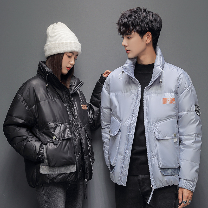 2021 Winter thickened short couple shiny down jackets, men's and women's stand-up collar jackets, warm down jackets, 90 white duck down Specification image