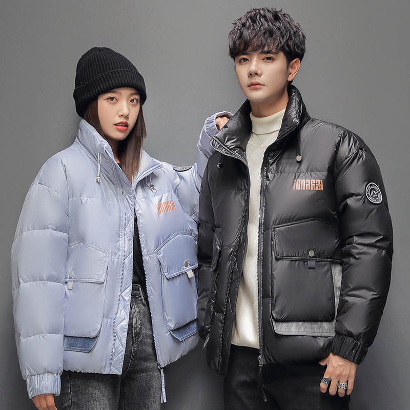 2021 Winter thickened short couple shiny down jackets, men's and women's stand-up collar jackets, warm down jackets, 90 white duck down