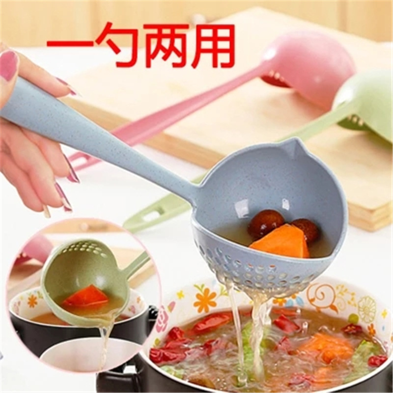 Creative wheat straw two-in-one household kitchen soup spoon, long-handled plastic strainer, filter screen tableware, hot pot ladle details Picture