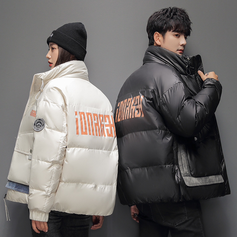 2021 Winter thickened short couple shiny down jackets, men's and women's stand-up collar jackets, warm down jackets, 90 white duck down details Picture