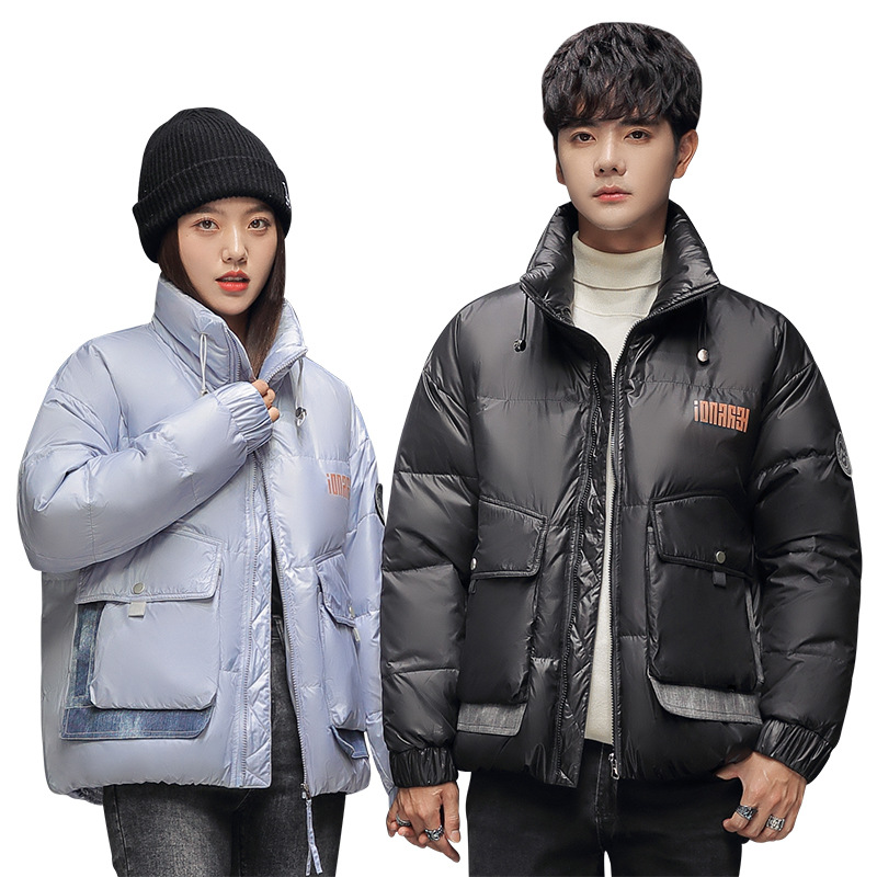 2021 Winter thickened short couple shiny down jackets, men's and women's stand-up collar jackets, warm down jackets, 90 white duck down Item Picture