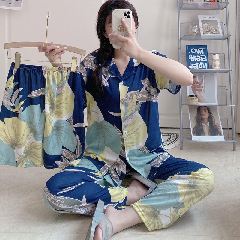 Factory direct sales of cross-border summer and autumn short and long cardigans, pajamas, women's home wear, leaf sets, milk silk, Southeast Asia