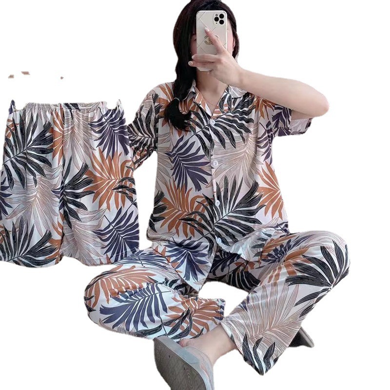 Factory direct sales of cross-border summer and autumn short and long cardigans, pajamas, women's home wear, leaf sets, milk silk, Southeast Asia Item Picture