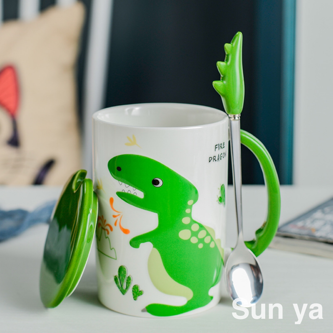 Creative cartoon dinosaur ceramic cup with lid and spoon coffee cup personality water cup
