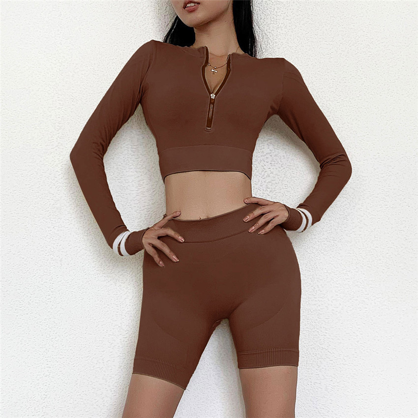 Women's long sleeve crop zipper top + hot pants outdoor running exercise yoga suit